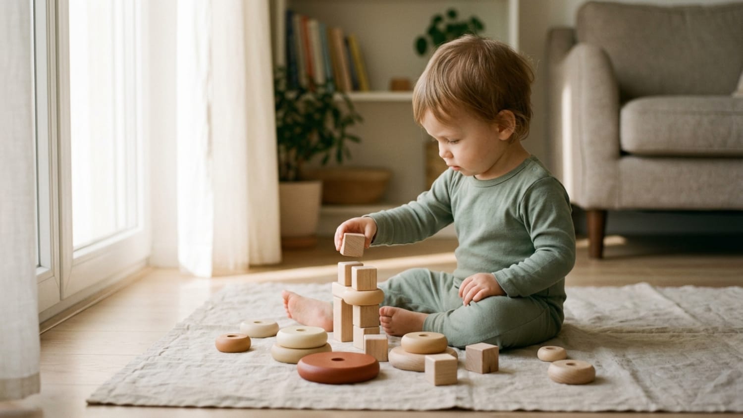 A toddler in sage-green pyjamas absorbed in stacking wooden toys on a linen rug by a sunlit window